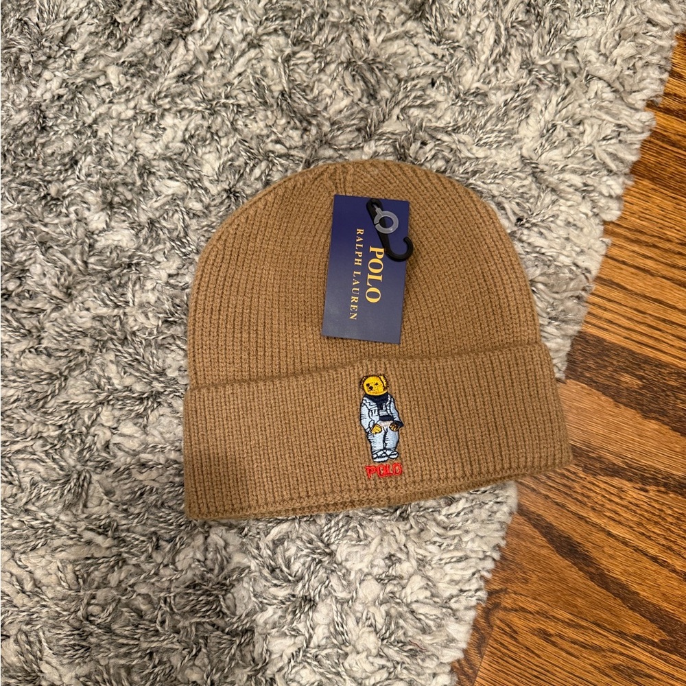 Polo Ralph Lauren Bear Embroidered Rib Knit Beanie - Camel